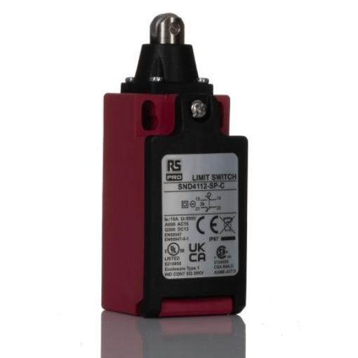 RS PRO Plunžr s válečkem Koncový spínač 1 NO/1 NC IP67 Plast vyztužený sklem 600 V ac 10 A