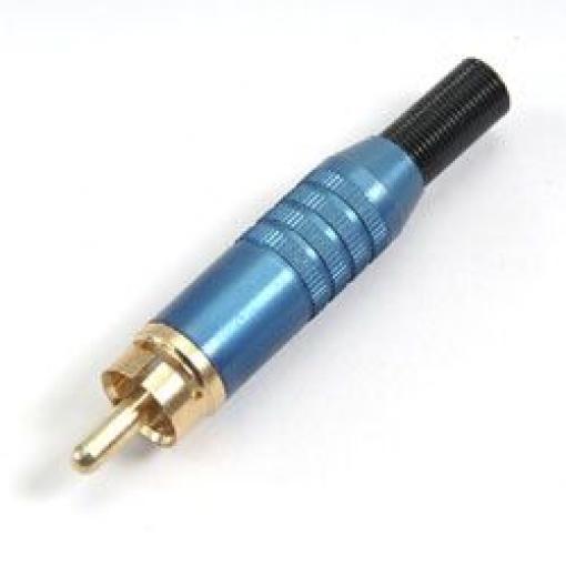 Zástrčka RCA, Modrá, Samec, Kabelová montáž, pokovení: pozlacená, 5A, materiál kontaktu: Mosaz, materiál pouzdra: PTFE
