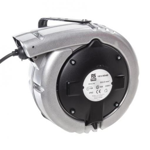 RS PRO Kabelový buben, délka kabelu: 15 m Automatické přetáčení, 230 V, IP42 Černá, Černá Polyvinylchlorid