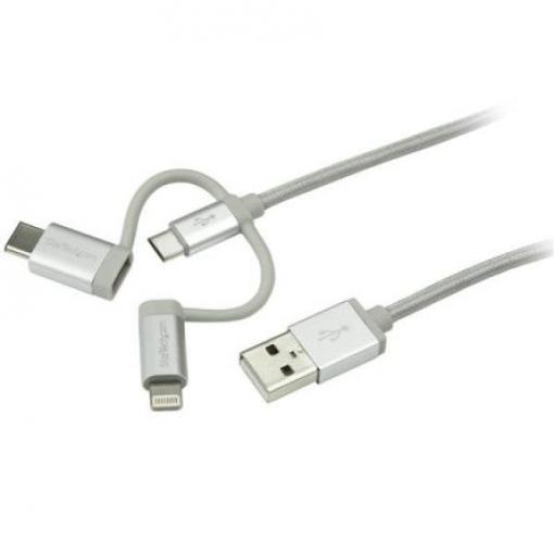 StarTech.com Kabel USB do zásuvky IC Vnější, A: USB typu A, 1 m Vnější, Stříbrná, B: Lightning, Micro USB typ B, USB