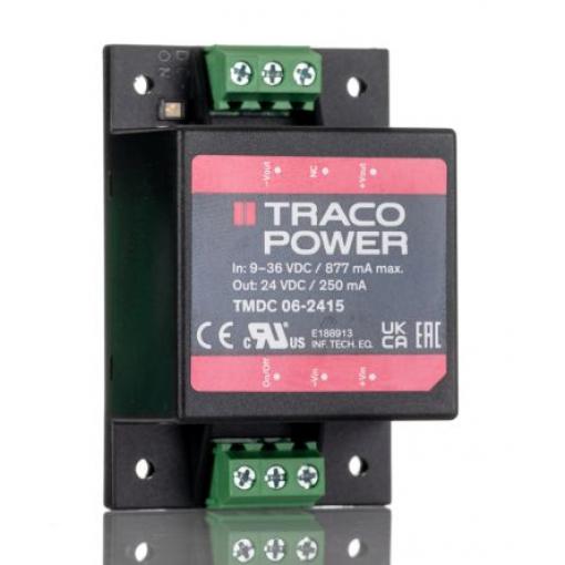 TRACOPOWER Měnič DC/DC TMDC 06, výstup: 24 V dc 3 kV dc, Vin 36V dc 250 mA, Vin 9V -40 °C 80 °C Montáž na rám
