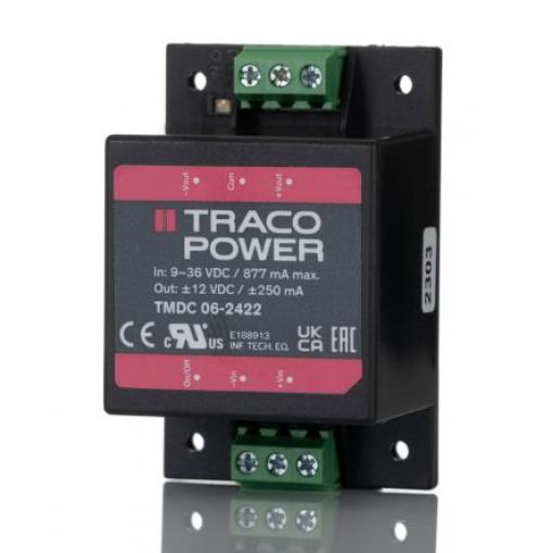 TRACOPOWER Měnič DC/DC TMDC 06, výstup: 12 V dc 3 kV dc, Vin 36V dc 250 mA, Vin 9V -40 °C 80 °C Montáž na rám
