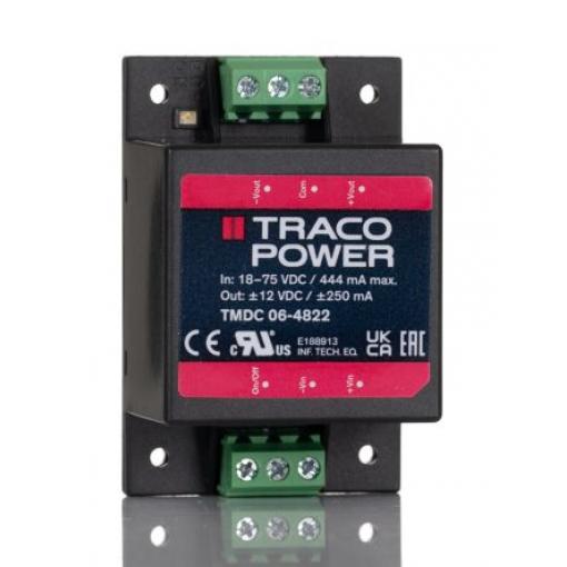 TRACOPOWER Měnič DC/DC TMDC 06, výstup: 12 V dc 3 kV dc, Vin 75V dc 250 mA, Vin 18V -40 °C 80 °C Montáž na rám