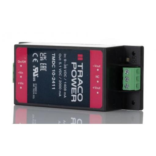 TRACOPOWER Měnič DC/DC TMDC 10, výstup: 5.1 V dc 3 kV dc, Vin 36V dc 2 mA, Vin 9V -40 °C 80 °C Montáž na rám