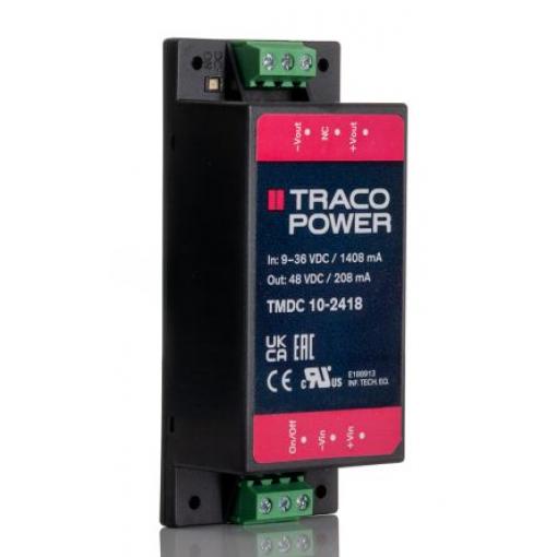 TRACOPOWER Měnič DC/DC TMDC 10, výstup: 48 V dc 3 kV dc, Vin 36V dc 208 mA, Vin 9V -40 °C 80 °C Montáž na rám