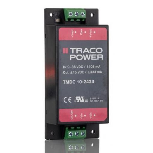 TRACOPOWER Měnič DC/DC TMDC 10, výstup: 15 V dc 3 kV dc, Vin 36V dc 333 mA, Vin 9V -40 °C 80 °C Montáž na rám