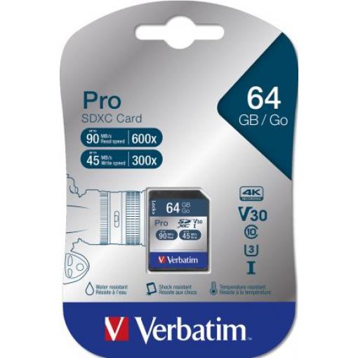 Karta SD 64 GB SDXC XC Verbatim, řada: Pro Třída 3 150 °C -25 °C 600x