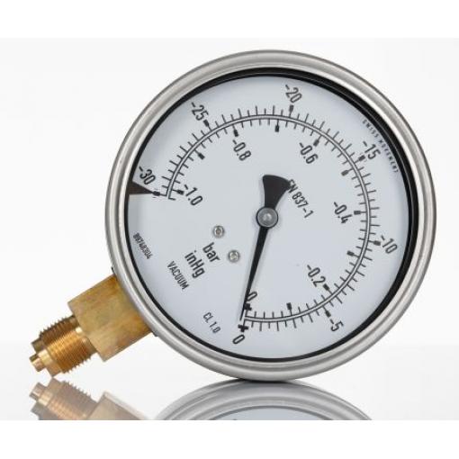 Tlakoměr BSPM, přesnost: ±1 % 100 mm BSP 3/8 in Kalibrováno Nerezová ocel, 60 °C 0 bar 1 bar RS PRO