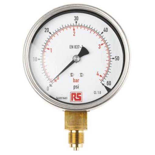 Tlakoměr BSPM, přesnost: ±1 % 100 mm G 3/8 in Kalibrováno Nerezová ocel, 60 °C 60 psi 0 psi RS PRO