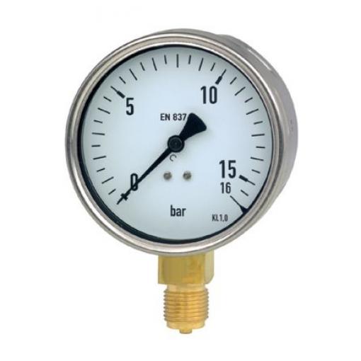 Tlakoměr, přesnost: ±1 % 100 mm 3/8 in G BSPM Kalibrováno Nerezová ocel, 60 °C 100 psi 0 psi RS PRO