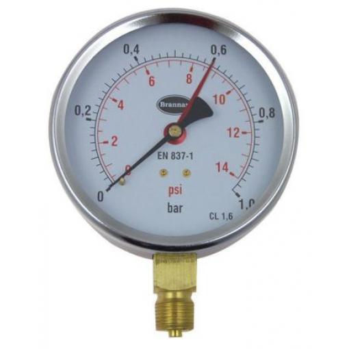 Tlakoměr Typ G 34/651/0 100 mm G 3/8 Kalibrováno Ocel, 60 °C 1 bar 0 bar Brannan