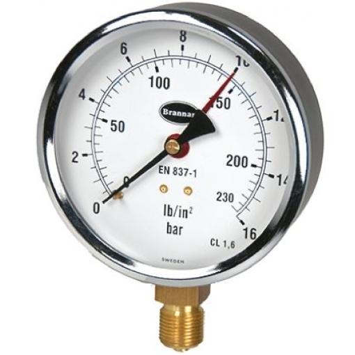 Tlakoměr Typ G 34/656/0 100 mm G 3/8 Kalibrováno Ocel, 60 °C 16 bar 0 bar Brannan