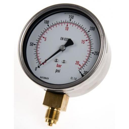 Tlakoměr BSPM 9684675, přesnost: ±1 % 100 mm G 3/8 Kalibrováno Nerezová ocel, 60 °C 300 psi 0 psi RS PRO