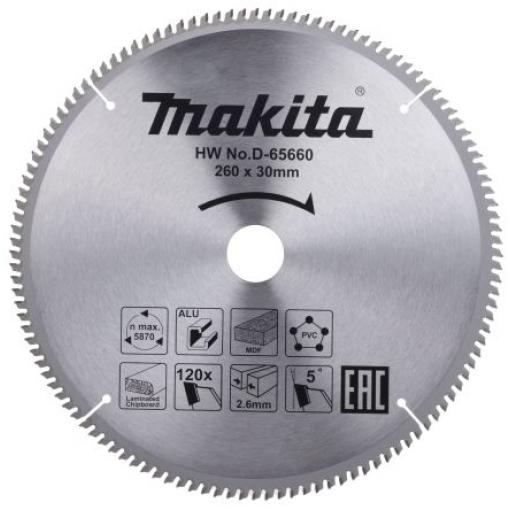 Kotouč pro kotoučovou pilu Makita 120 Hliník, Mosaz, Polyvinylchlorid, Měď, Dřevo 260 mm 1