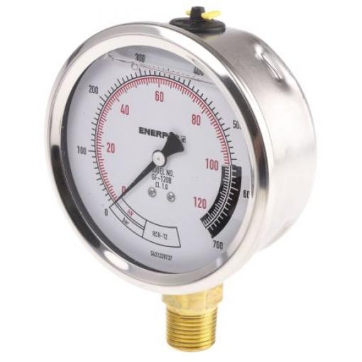 Tlakoměr NPTF GF120B, přesnost: ±1 % 100 mm 1/2 in Kalibrováno Nerezová ocel 700 bar 0 bar Enerpac