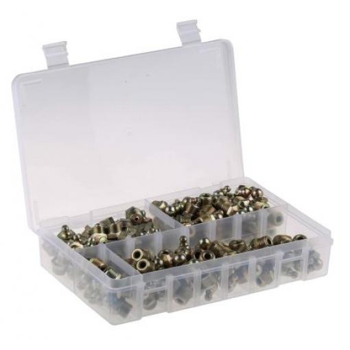 obsah sady: 50x H1 rovný 1/4" BSP, 50x H2-45 1/4" BSP, 50x H3-90 1/4" BSP, skříňka RS PRO