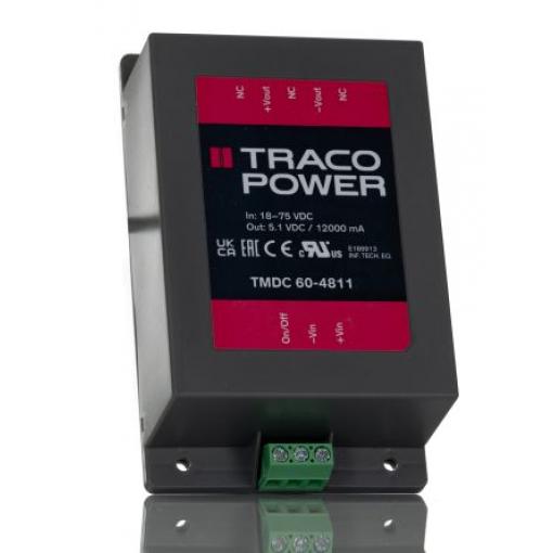 TRACOPOWER Měnič DC/DC TMDC 60, výstup: 5.1 V dc 2.5 kV, Vin 75V dc 12 A, Vin 48V dc 60 W 85 °C 85 °C Montáž na rám