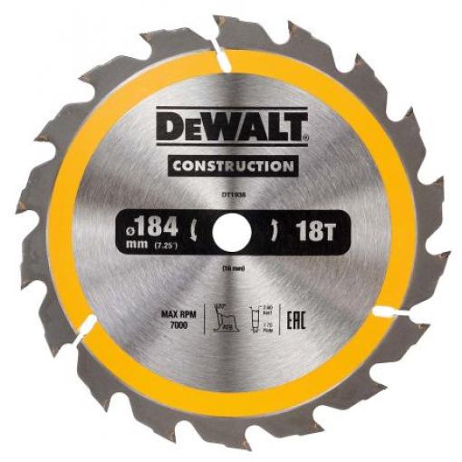 Kotouč pro kotoučovou pilu DeWALT 18 Dřevo se zapuštěnými hřebíky, Hrubé dřevo, Kompozitní materiál, Měkké dřevo 184 mm