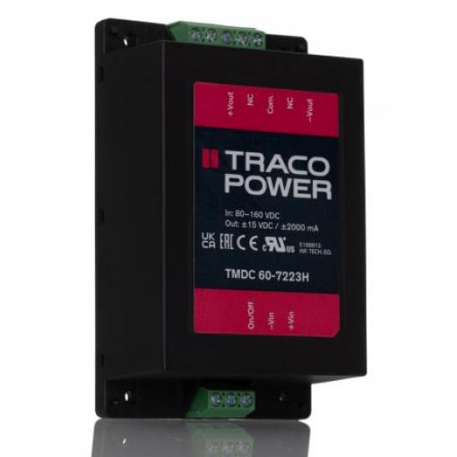 TRACOPOWER Měnič DC/DC TMDC 60H, výstup: 15 V dc 3 kV, Vin 160V dc 2 A, Vin 80V -40 °C 75 °C Montáž na rám