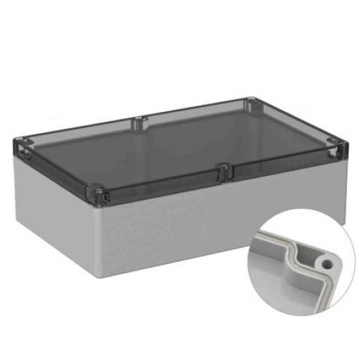 RS PRO Univerzální skříň, řada: 5U2 IP66 Nestíněný barva Šedá IK07 barva Čirá Polykarbonát 300 mm 85 mm 230 mm Neopren
