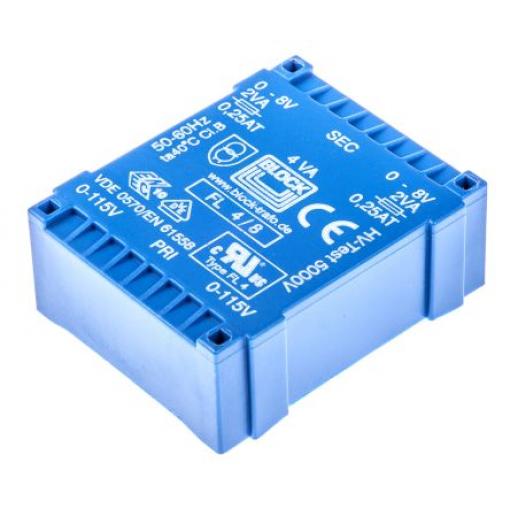 Block Transformátor PCB, sekundární napětí: 8 V ac, počet výstupů: 2 Čep 4 VA