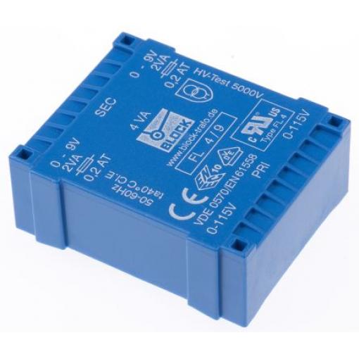 Block Transformátor PCB, sekundární napětí: 9 V ac, počet výstupů: 2 Čep 4 VA