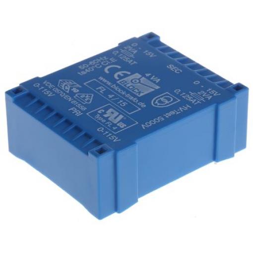 Block Transformátor PCB, sekundární napětí: 15 V ac, počet výstupů: 2 Čep 4 VA