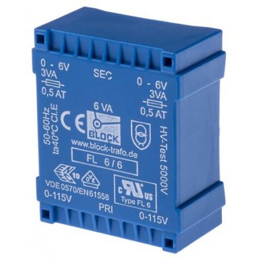 Block Transformátor PCB, sekundární napětí: 6 V ac, počet výstupů: 2 Čep 6 VA