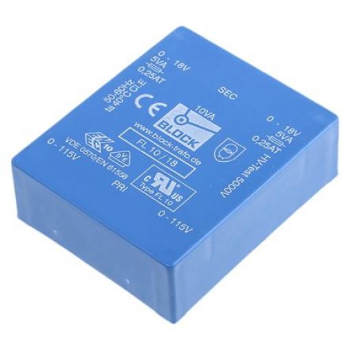 Block Transformátor PCB, sekundární napětí: 18 V ac, počet výstupů: 2 Čep 10 VA