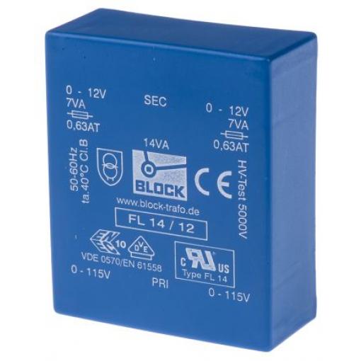Block Transformátor PCB, sekundární napětí: 12 V ac, počet výstupů: 2 Čep 14 VA