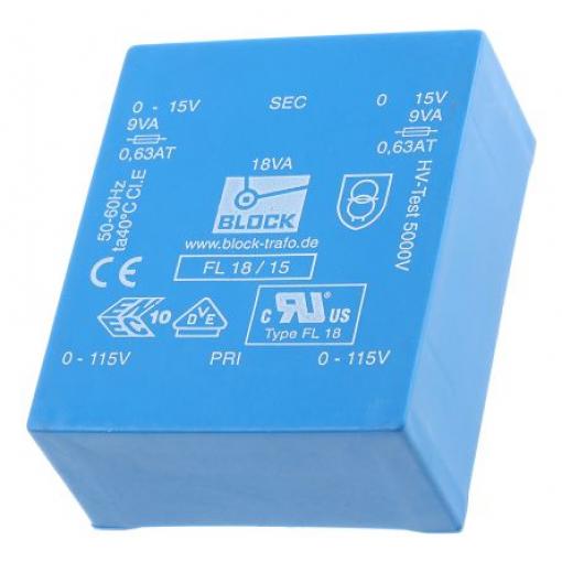Block Transformátor PCB, sekundární napětí: 15 V ac, počet výstupů: 2 Čep 18 VA