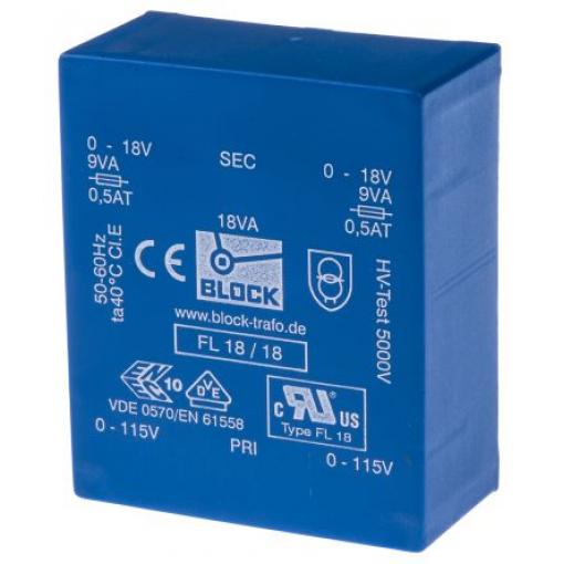 Block Transformátor PCB, sekundární napětí: 18 V ac, počet výstupů: 2 Čep