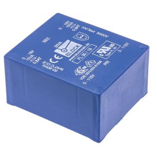 Block Transformátor PCB, sekundární napětí: 18 V ac, počet výstupů: 2 Čep 30 VA