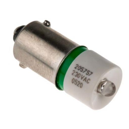 RS PRO Kontrolka barva světla Zelená, objímka žárovky: BA9 Jednočipové, průměr: 10 mm, 230 V ac