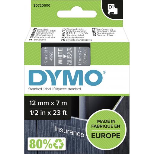 etikety DYMO D1 45020 Barva pásky: transparentní Barva písma:bílá 12 mm 7 m