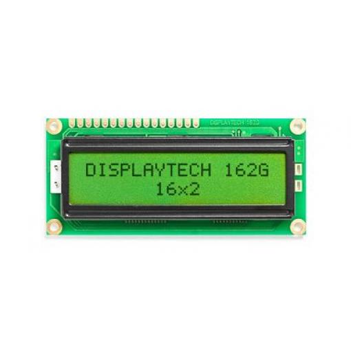 Monochromatický LCD displej, řada: 162 g Alfanumerické podsvícení LED Zelená, Žlutá Displaytech Zelená 2 x 16