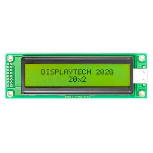 Monochromatický LCD displej, řada: 202 g Alfanumerické podsvícení LED Zelená, Žlutá 8bitový Displaytech Zelená 2 x 16