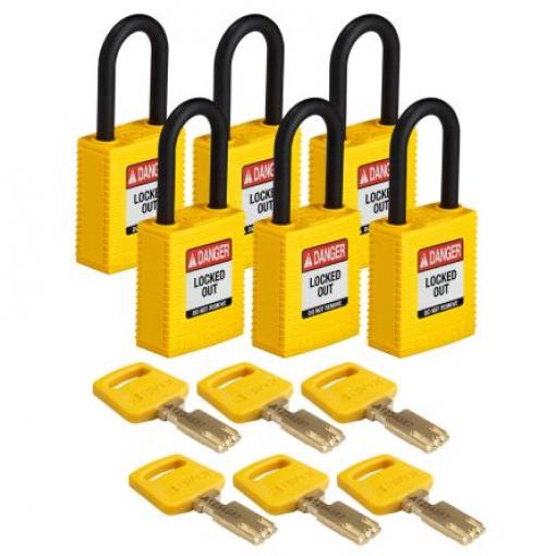Brady Visací zámek Klíč Odolnost vůči povětrnostním vlivům, Plastové, Nylon Obojí 6.35 mm třmen, Žlutá 1.5 mm