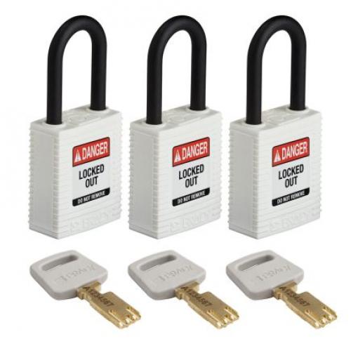 Brady Visací zámek Klíč Stejné klíčování Odolnost vůči povětrnostním vlivům, Nylon, Plastové Obojí 6.35 mm třmen, Bílá
