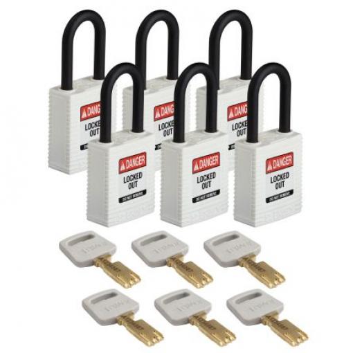 Brady Visací zámek Klíč Odolnost vůči povětrnostním vlivům, Plastové, Nylon Obojí 6.35 mm třmen, Bílá 19 mm