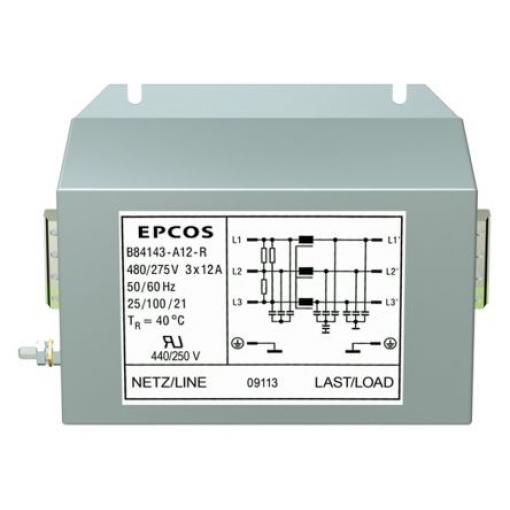 Filtr EMC, řada: B84143A*R000, 440V ac, 50/60 Hz, Montáž na přírubu, Šroubová, 12 A, počet fází: 3, 0.224 mA, EPCOS, 20