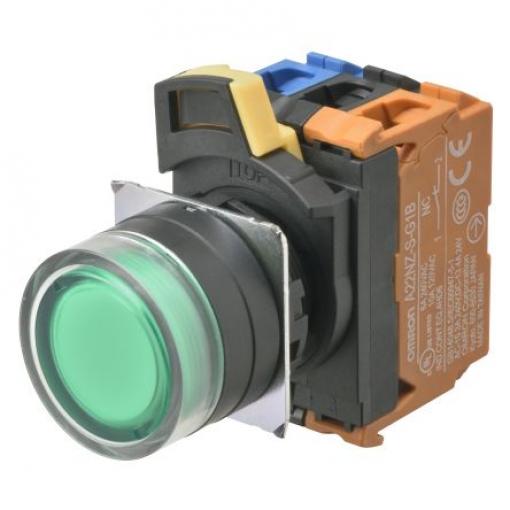Omron Tlačítkový spínač, řada: A22NZ IP66 SPST Panel Okamžité Osvětlené 22 mm 10 mA, barva LED: Zelená 30 V dc 24 V ac