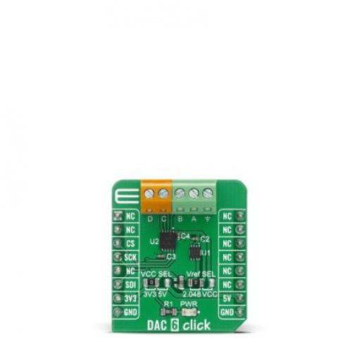 Vývojová sada pro analogové obvody MIKROE-4206 Click deska DAC 6 DAC104S085 ADC, pro použití s: DAC104S085, MCP1501