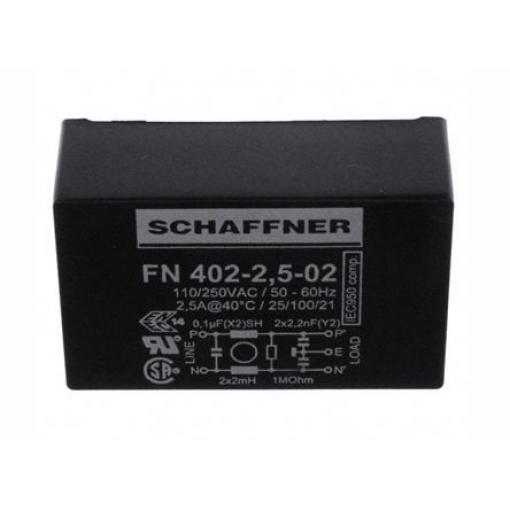 Filtr EMI, řada: FN402, 2.2nF, 250 V AC, 400Hz, Montáž na PCB 2 mH, Kolík, 2.5A, 0,373 mA, Schaffner, Single Stage, 1MΩ