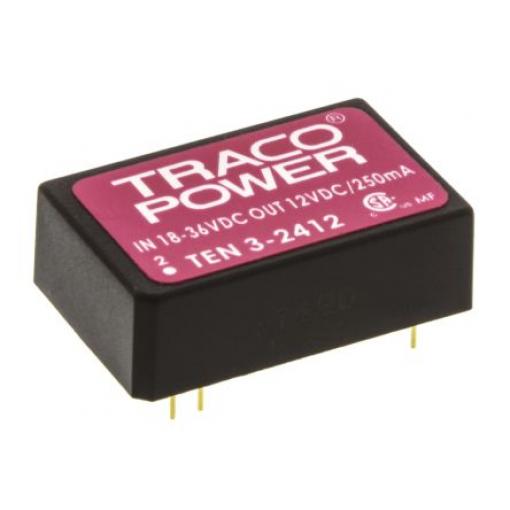 TRACOPOWER Měnič DC/DC TEN 3, výstup: 12 V dc 1.5 kV dc, Vin 36V dc 250 mA, Vin 18V 3 W -40 °C 85 °C Průchozí otvor
