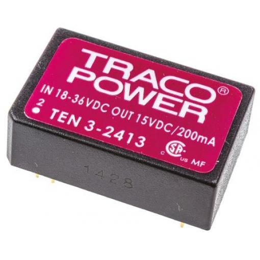 TRACOPOWER Měnič DC/DC TEN 3, výstup: 15 V dc 1.5 kV dc, Vin 36V dc 200 mA, Vin 18V 3 W -40 °C 85 °C Průchozí otvor