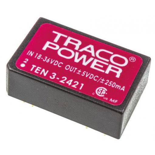 TRACOPOWER Měnič DC/DC TEN 3, výstup: ±5 V 1.5 kV dc, Vin 36V dc 250 mA, Vin 18V 2.5 W -40 °C 85 °C Montáž na plošný