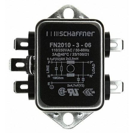 Filtr EMI, řada: FN2010, 100 nF, 250V ac/dc, 0Hz, 400 Hz, Montáž na rám 2.5 mH, Fast-On, 3 A, počet fází: 1, 0.74 mA,