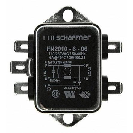 Filtr EMI, řada: FN2010, 100 nF, 250V ac/dc, 0Hz, 400 Hz, Montáž na rám 1 mH, Fast-On, 6 A, počet fází: 1, 0.74 mA,