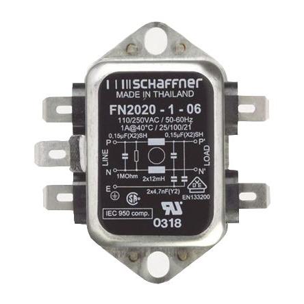 Filtr EMI, řada: FN2020, 150 nF, 250V ac/dc, 400Hz, Montáž na rám 12 mH, Fast-On, 1 A, počet fází: 1, 0.74 mA,